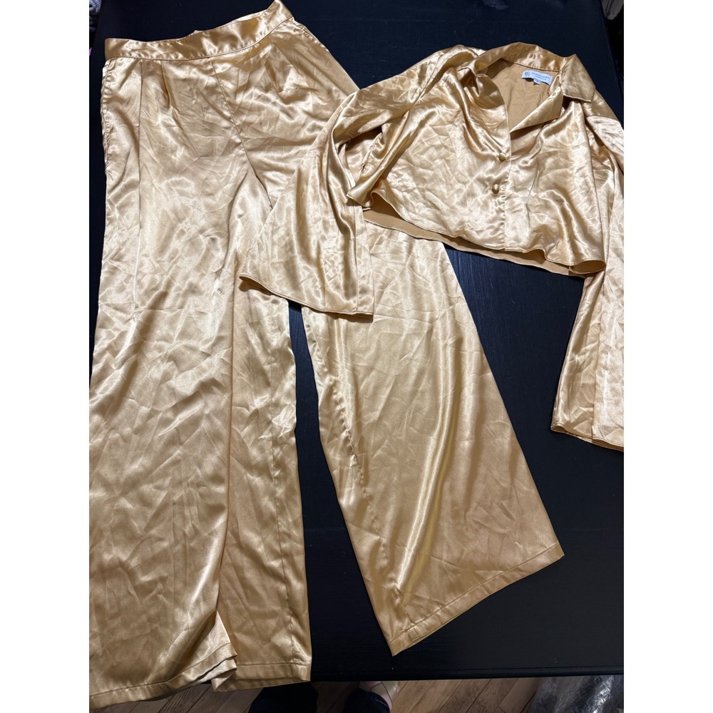 Katrina Scott Lifestyle Gold Satin 2 Piece Set Crop Top Wide Leg Pants Small